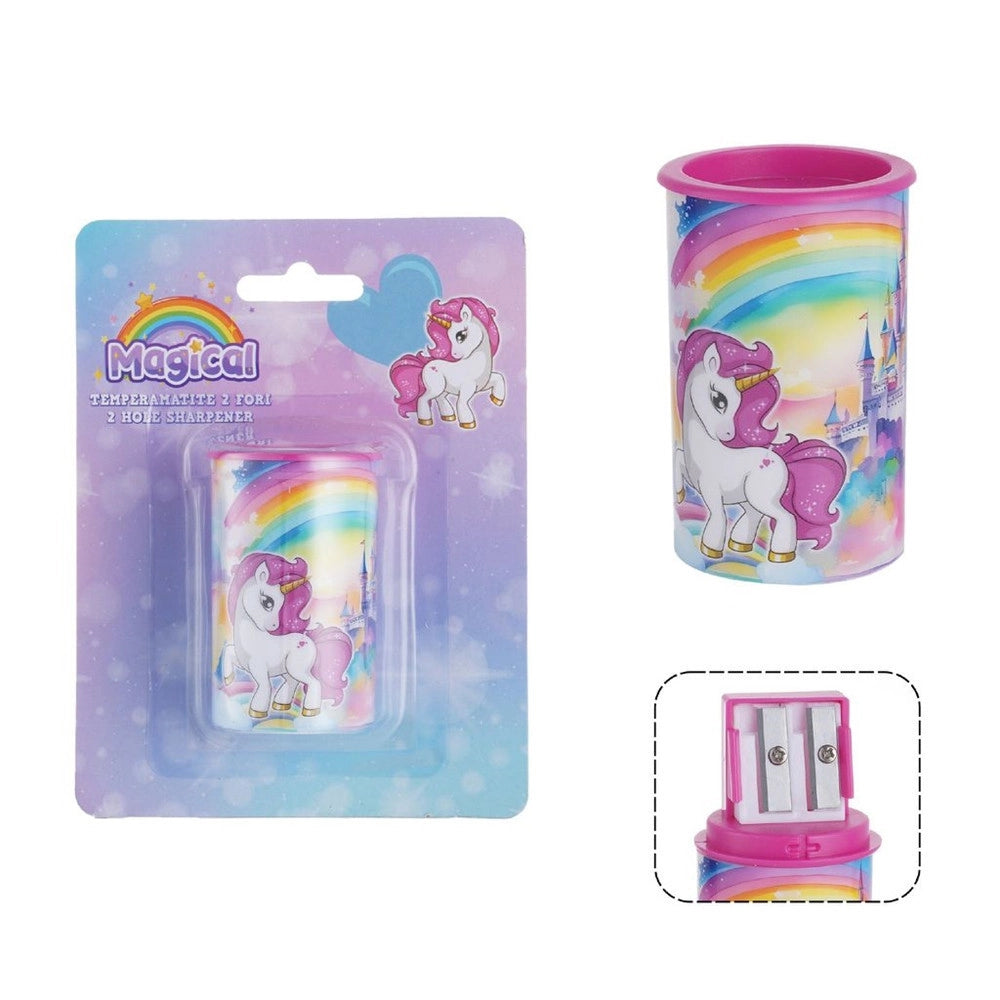Trade Shop - Temperamatite Rotondo A 2 Fori Unicorno Con Serbatoio Per Scuola Casa Bambine 738004 -