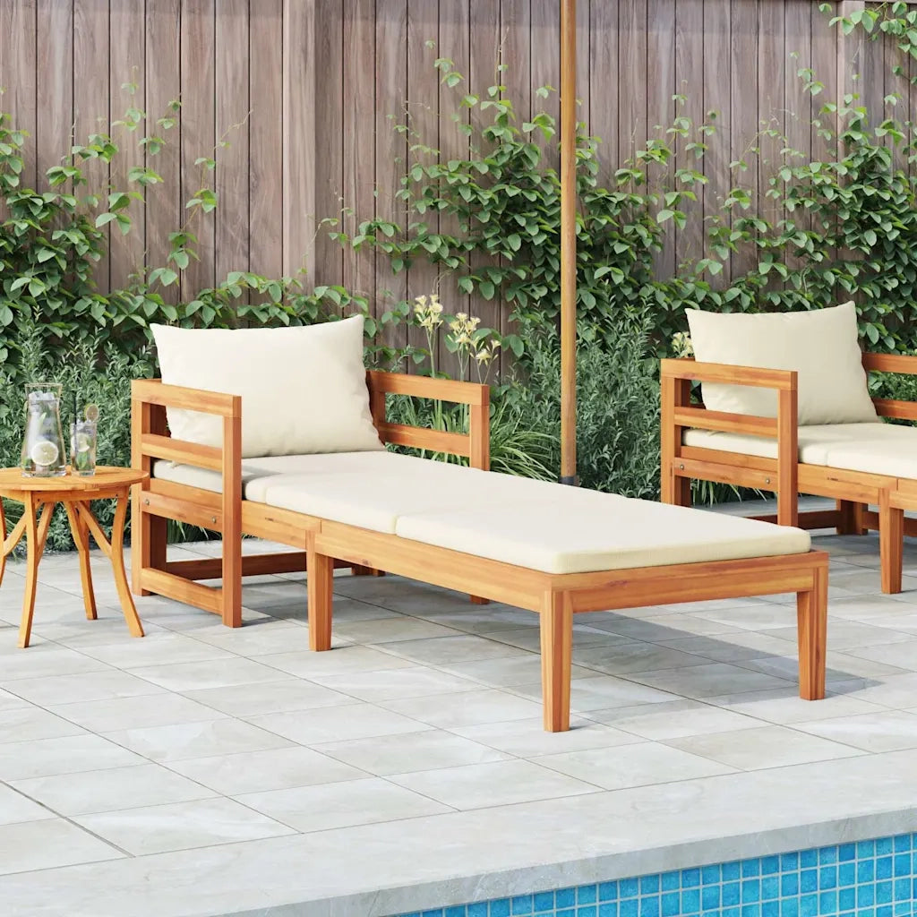 Lettino Prendisole | Sdraio da giardino | Lettino da sole con Cuscini Bianco Crema in Acacia Massello