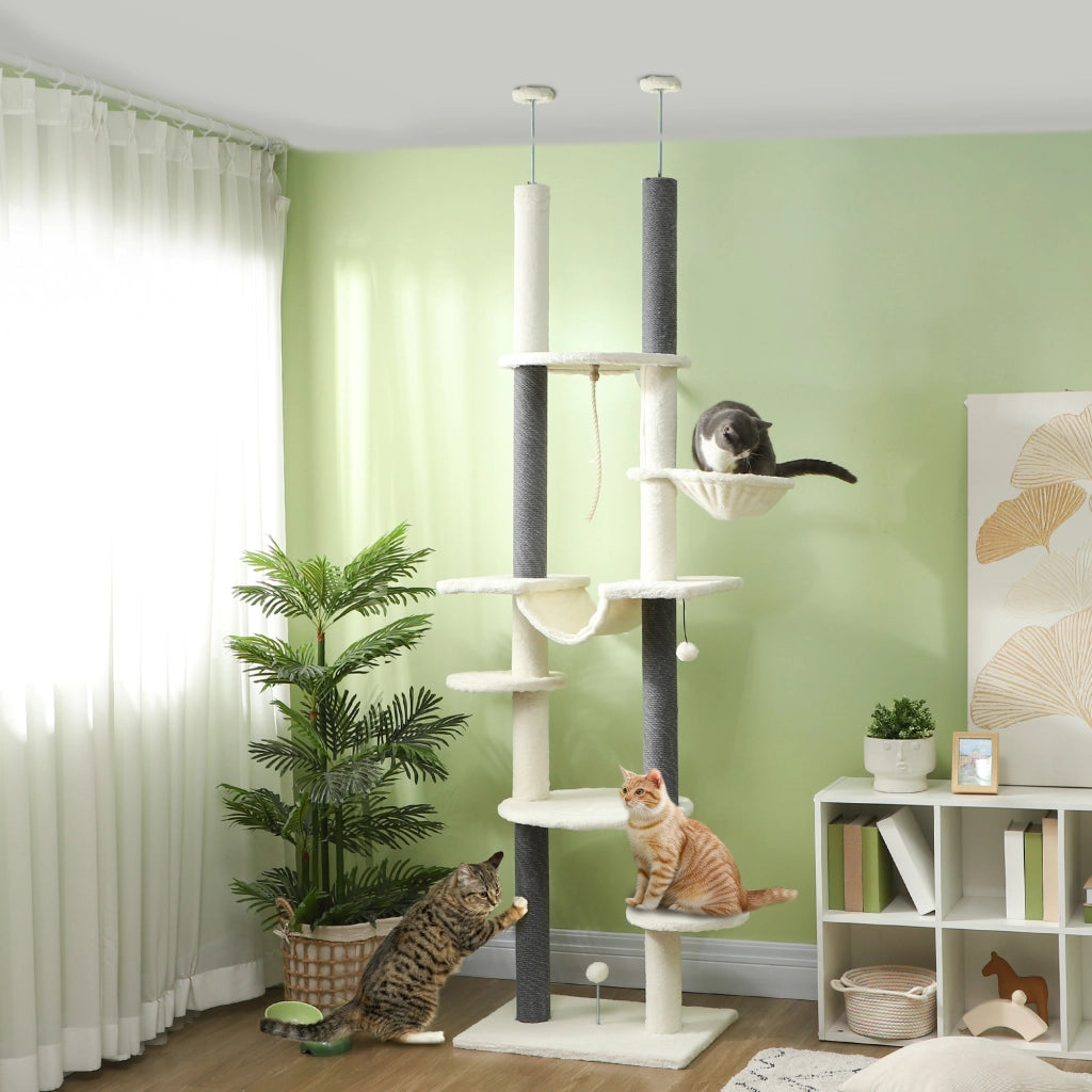 Albero tiragraffi da soffitto 225-255 cm con 2 amache, piattaforme e protezione antiribaltamento, bianco