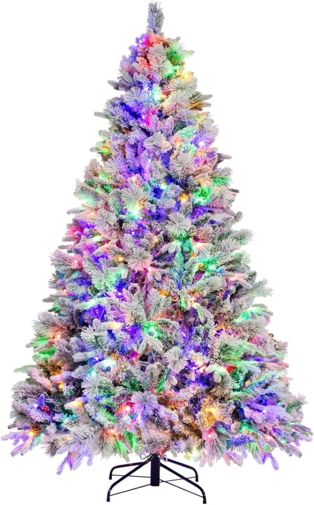 Albero di Natale Innevato 136/180/210 cm, Albero di Natale con 160/240/320 Luci LED, 472/850/1270 Rami di PE e PVC, 26/34/40 Pigne, Aghi di Pino e 8 Modalità di Illuminazione (210 CM)
