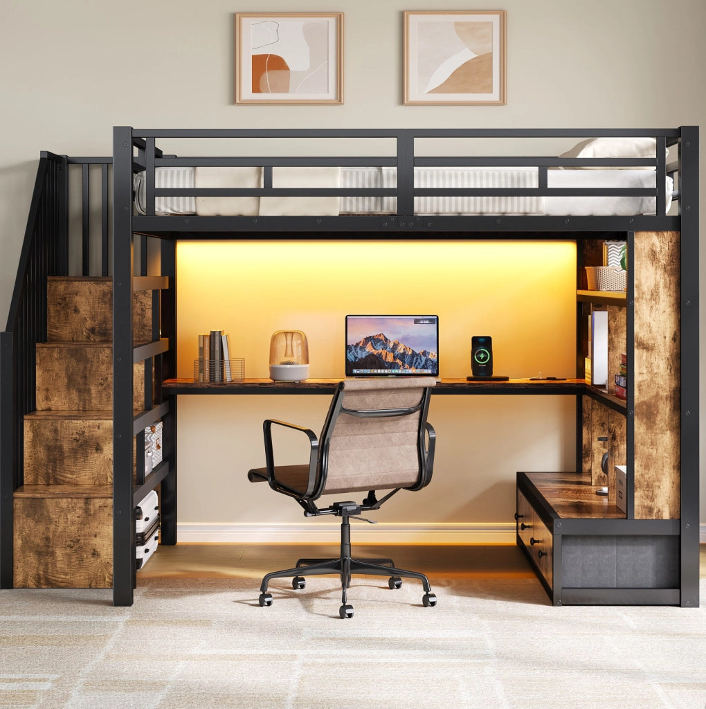 Letto a soppalco 140x200 cm con scrivania; ripiani; cassetti e LED; nero