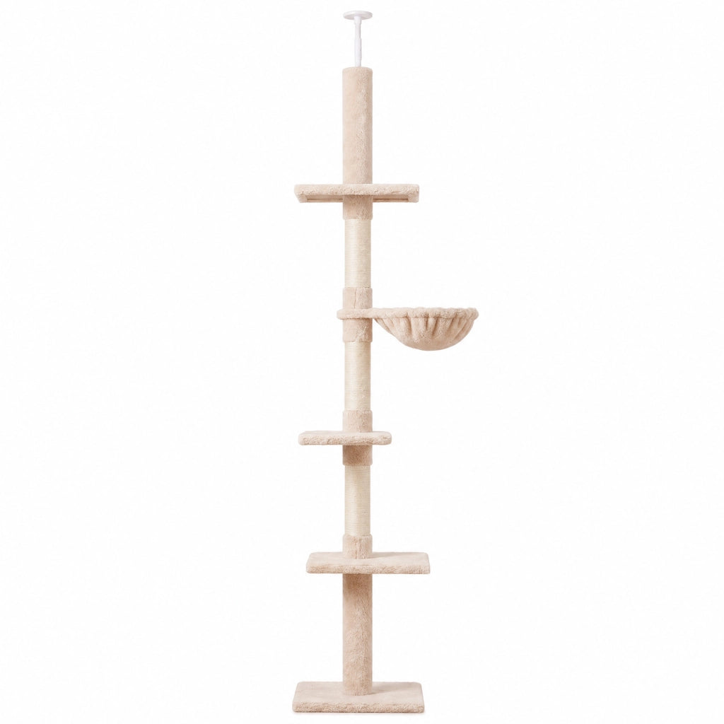 Albero Tiragraffi Multilivello a Soffitto con Amaca e Altezza Regolabile, 40x34x230-260cm, Beige