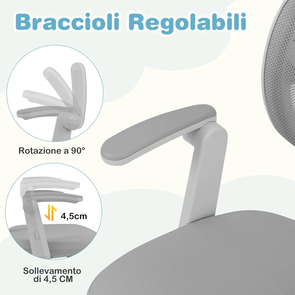 Sedia da Scrivania Bambini Girevole, Altezza Regolabile, Sedia da Studio per Ragazzi con Braccioli a Ribalta e Poggiapiedi, Poltrocina in Rete per Bambini 3-15 Anni, Portata 150 kg (Grigio)