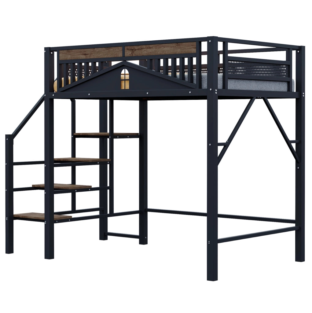 Letto a soppalco 140x200 cm con scala di sicurezza e spazio contenitore in metallo e legno nero