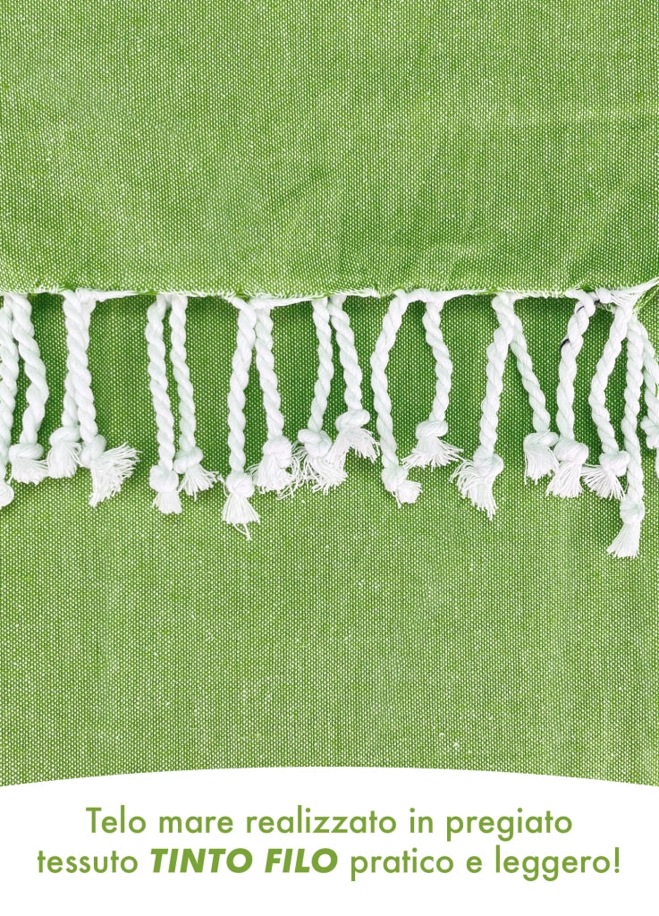 Telo Mare Con Frange Asciugamano Da Spiaggia Misura Grande 90x180 Cm Con Pochette Astuccio Assorbente In Morbido Cotone Leggero Stampa Tutti Al Mare AntiSabbia Lettino Vacanze Piscina Lime