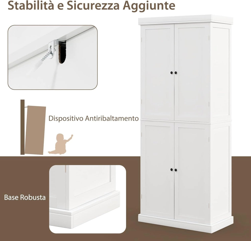 Credenza da Cucina, Mobile da Cucina Moderno con 6 Ripiani, 2 Ripiani Regolabili, per Cucina, Sala da Pranzo e Soggiorno, 76 x 40 x 184,5 cm (Bianco)