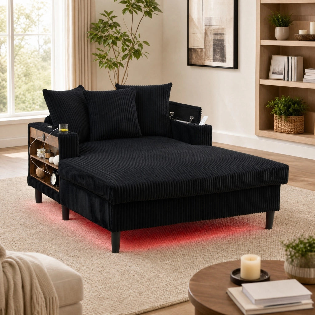 Chaiselongue multifunzione in velluto a coste con porta bicchieri, LED, USB e vano contenitore