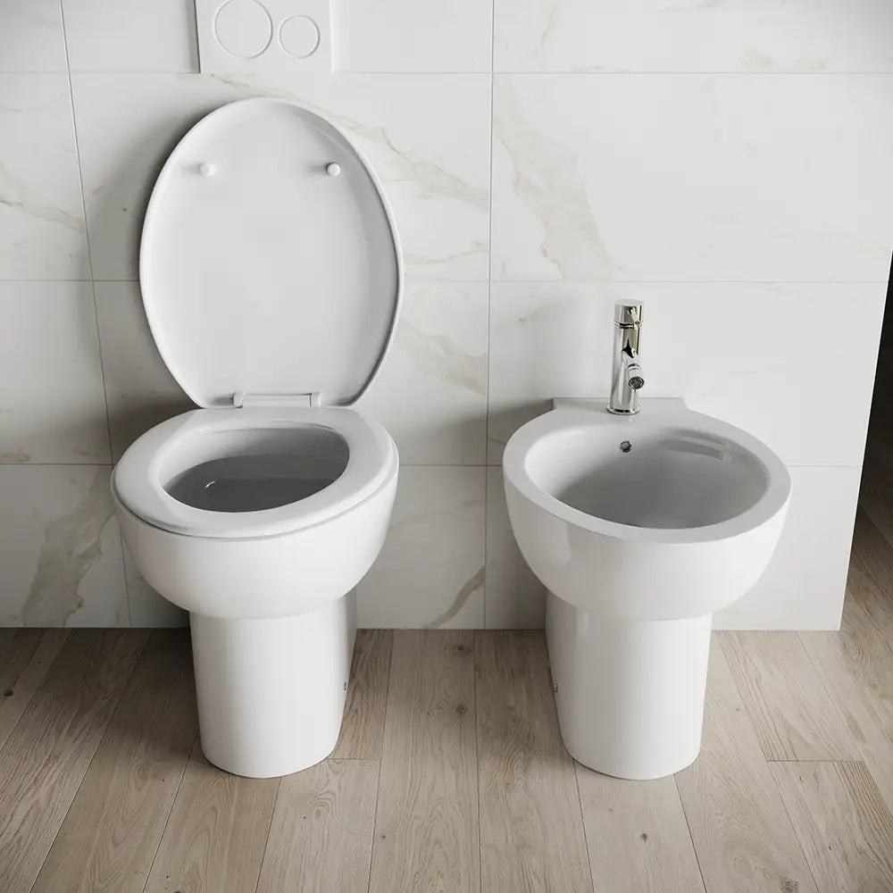 Sanitari filomuro in ceramica bianco lucido: vaso bidet e copriwc soft-close | Doha