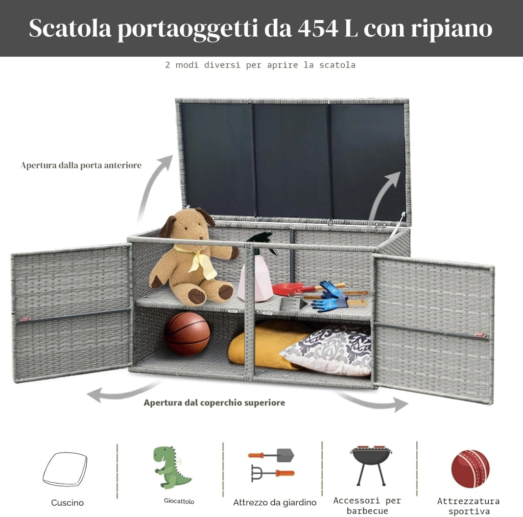 Cassapanca Contenitore da Esterno da 330L in Rattan, Telaio in Acciaio, Baule da Giardin Resistente ai Raggi UV, Mobile Balcone Impermeabile a 2 Ripiani per Cortile, 115x60x65 cm (Grigio)