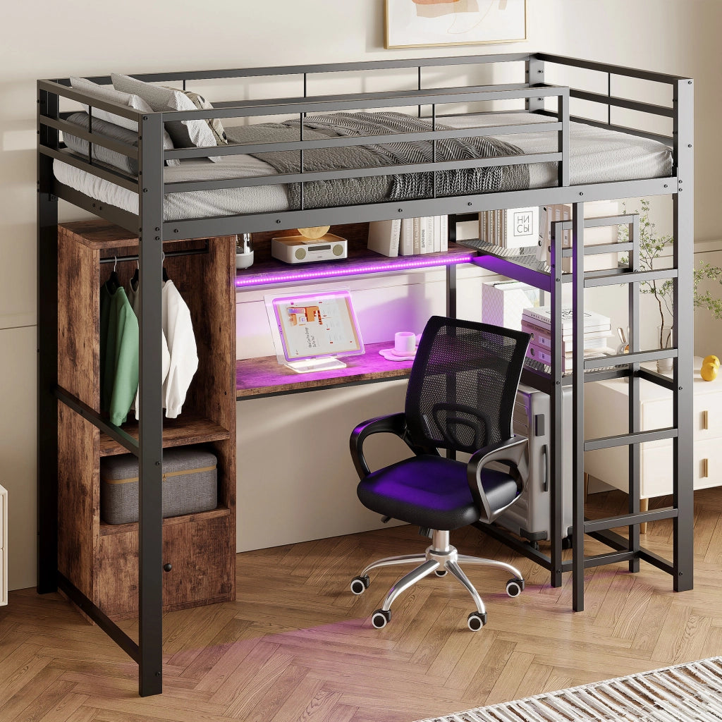 Letto a castello nero in metallo e MDF con illuminazione LED scrivania cassetti scaffali 90x200cm