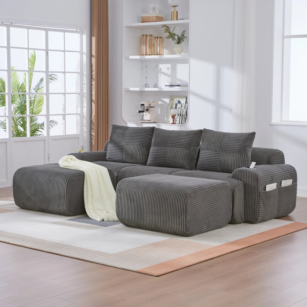 Divano modulare a 3 posti in corduroy con portabicchieri e tasca laterale; grigio scuro 268x174x66 cm