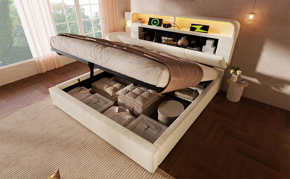 DESMIU Letto contenitore 140 × 190 cm 2 posti con testiera regolabile, LED, USB e Type-C, senza materasso, in velluto, beige