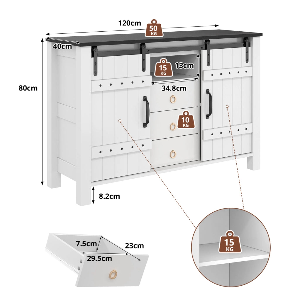 Credenza buffet con 2 ante scorrevoli e 3 cassetti 120x40x80 cm in MDF bianco
