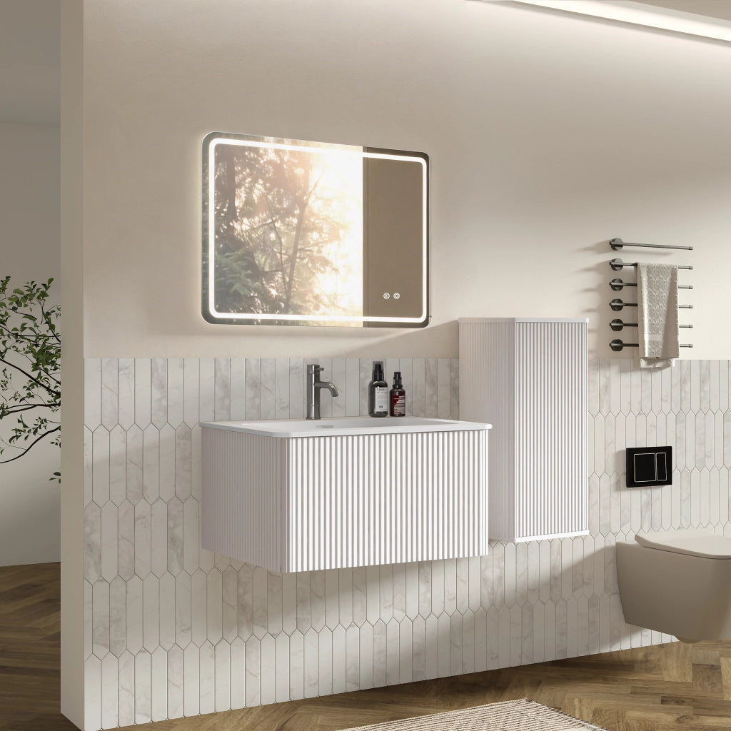 Armadietto da bagno sospeso con lavabo, specchio LED e mobile laterale, per bagno moderno, bianco