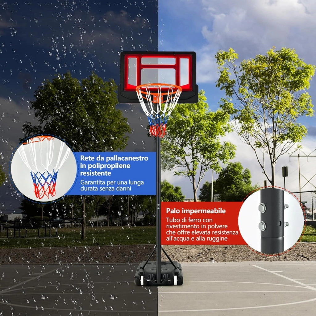 Canestro Basket da Interno ed Esterno Portatile e Regolabile in Altezza 90-210cm, Canestro da Basket per Bambini con Ruote, Incavo per Pallone e Tabellone Infrangibile