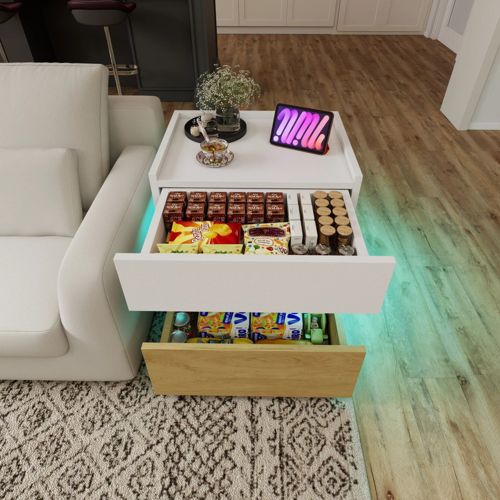 Comodino a 2 cassetti con ricarica wireless e LED in pannelli di legno bianco e naturale 50 × 40 × 50 cm
