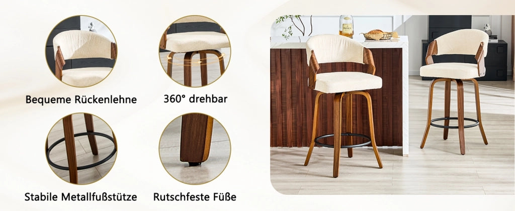 Sgabello da bar set da 2 con schienale e anello poggiapiedi, in legno e tessuto bianco 66 × 56 × 55 cm