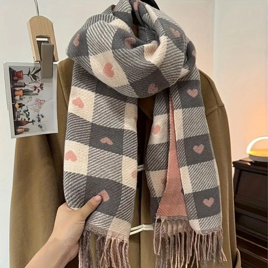 Sciarpa vintage a righe | Disegno a forma di cuore in rosa e marrone | Spessa e calda per autunno e inverno