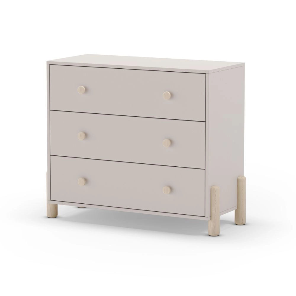 Cassettiera Enola in legno massiccio con 3 cassetti beige e gambe pino