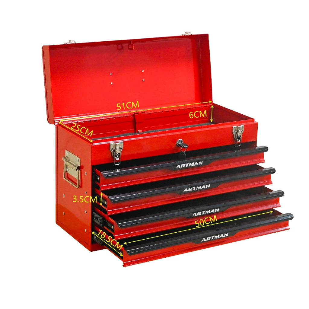Cassettiera in acciaio con 3 cassetti e vano superiore; serratura; per officina e garage; rosso e nero; 60×29.5×42 cm