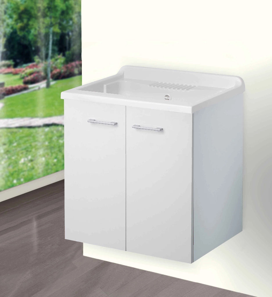 Mobile LAVATOIO - SOSPESO - in LEGNO a 2 ante - 60x50 (H.85) c/vasca e asse in PP - CR - COL: BIANCO