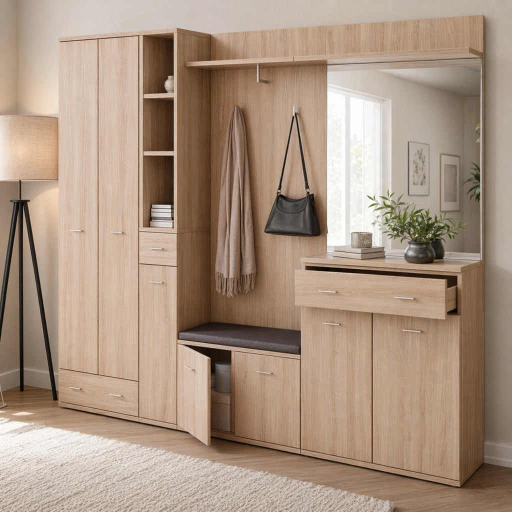 Mobile Ingresso Panca Portascarpe Appendiabiti Set Entrata Anta Specchio Vani Guardaroba Ganci Armadio Contenitore Multifunzione Salvaspazio Per Corridoio Casa Design Moderno 210 x 32 x 203 Cm Rovere