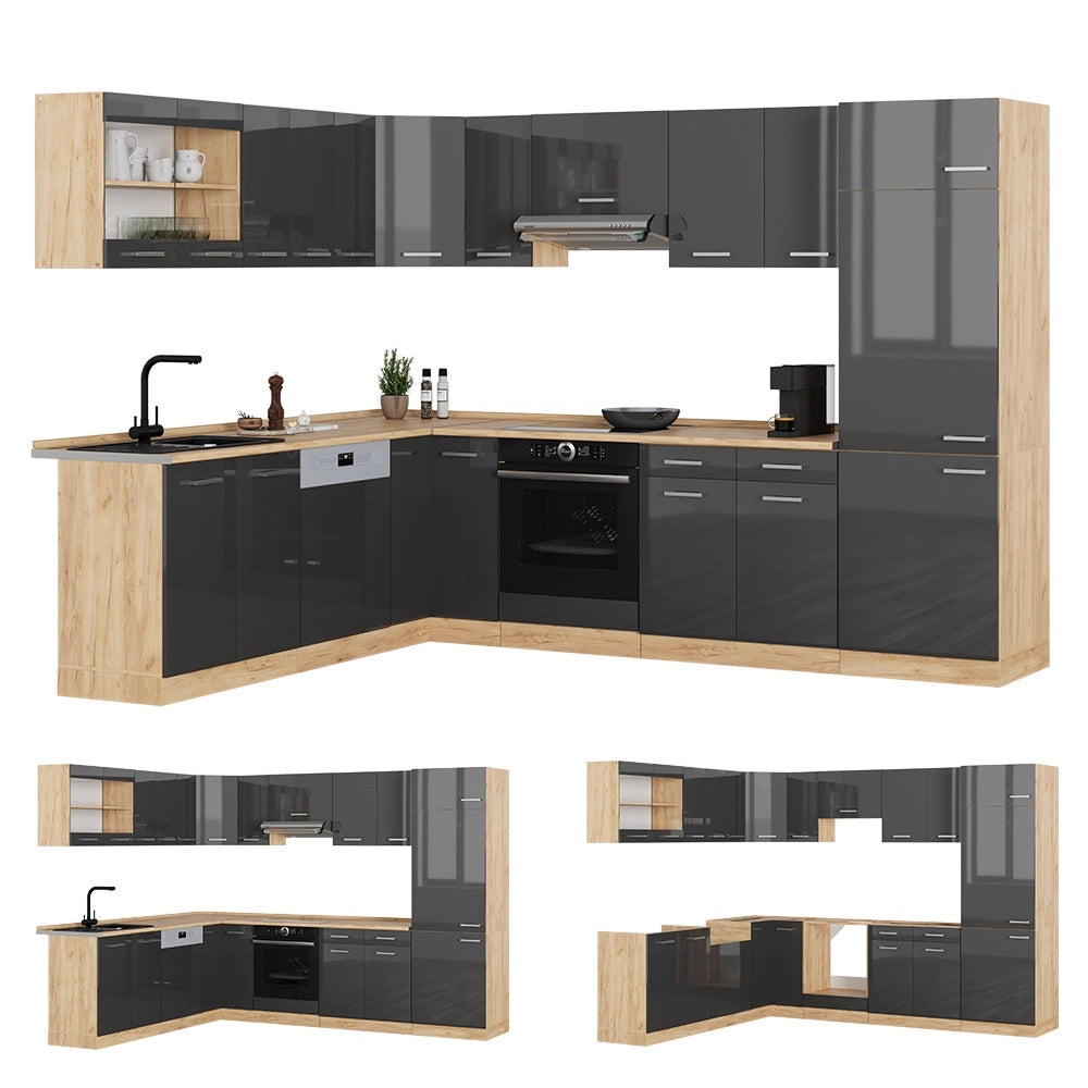 Cucina angolare completa R-Line Antracite lucido/Rovere dorato 287 x 227 cm, PL Rovere Vicco