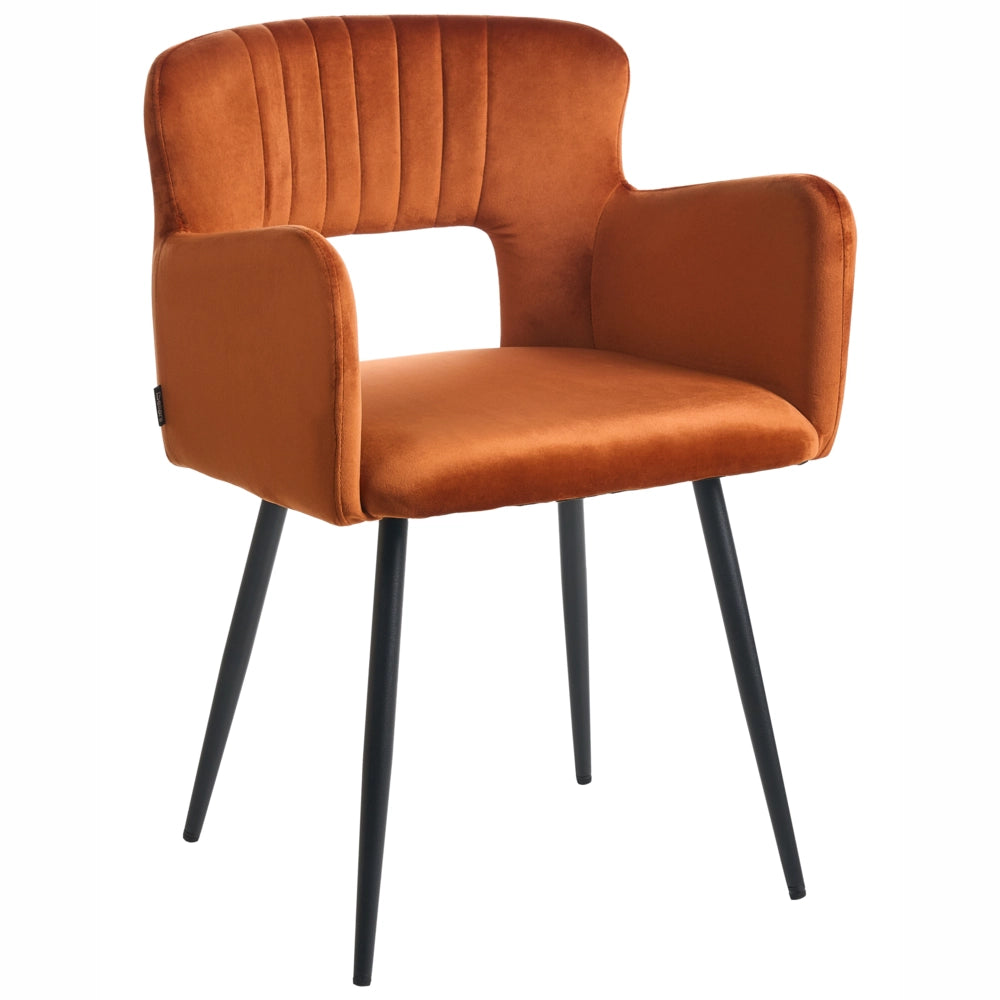 Set di 2 sedie da pranzo velluto arancione braccioli schienale intagliato gambe in metallo moderna industriale