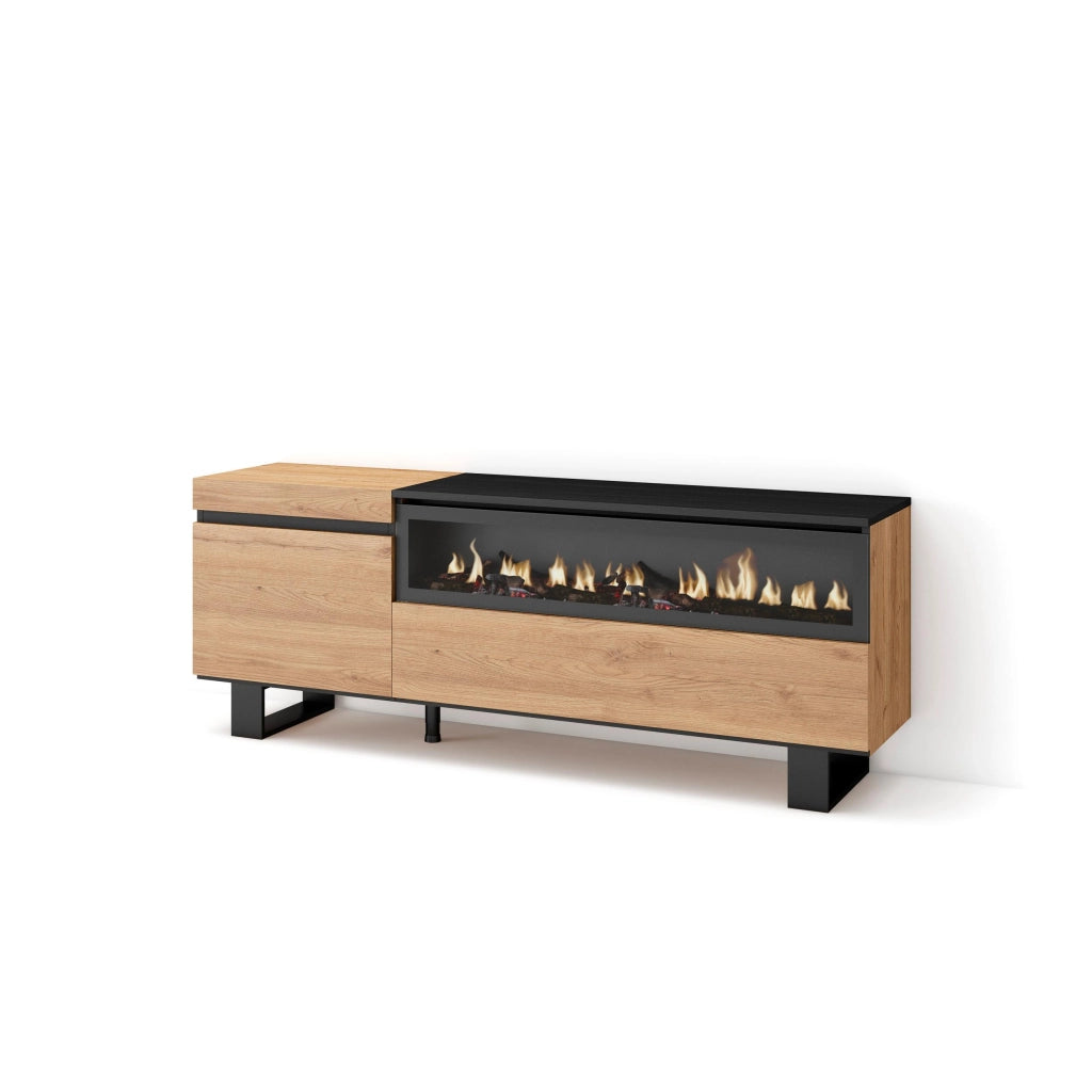 Mobile TV Soggiorno, 150x35x57cm, Per TV fino a 65", Camino elettrico, Design industriale, colore Rovere e nero RF2437