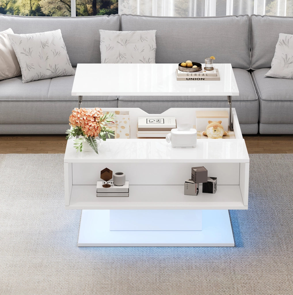 Tavolino sollevabile con illuminazione a LED e spazio contenitivo