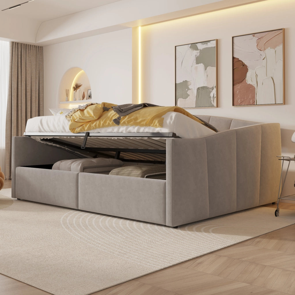 Letto contenitore matrimoniale 140×200 cm con rete sollevabile e contenitore idraulico; senza materasso; grigio chiaro