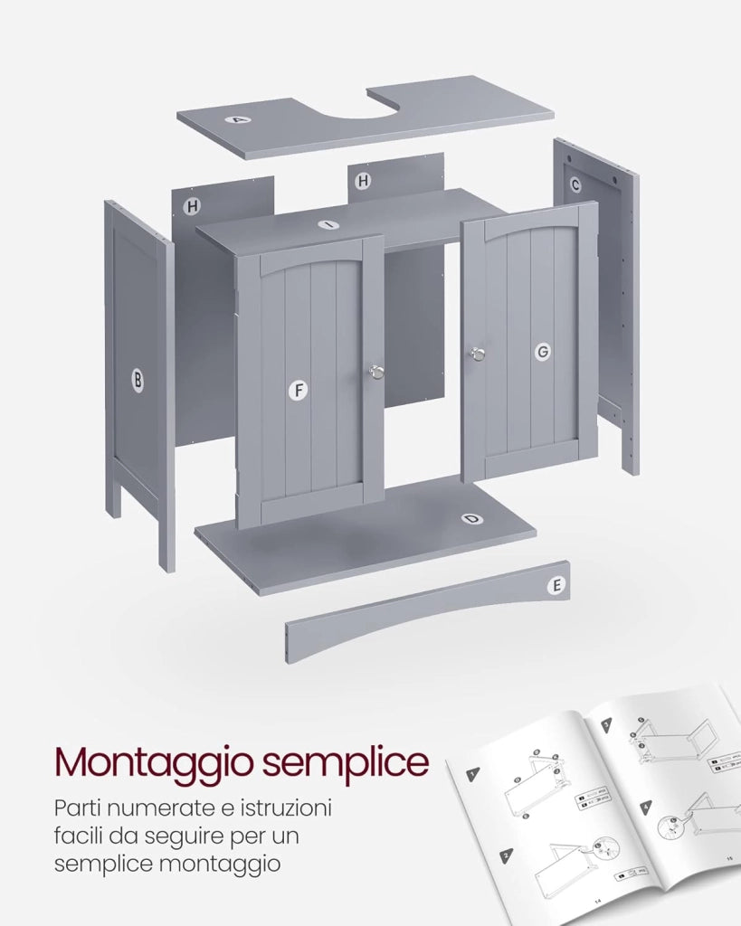 VASAGLE Mobile Sottolavabo per Bagno, Mobiletto da Bagno, Mobile Sottolavandino con 2 Ante, Ripiano Regolabile, Capiente, Stile Country, 30 x 60 x 60 cm, Grigio Mistico BBC001P36