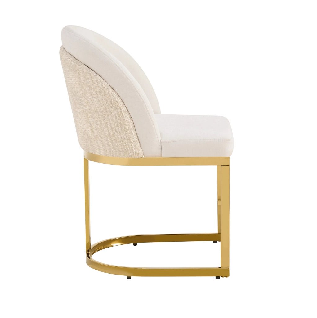 Set di 4 sedie con doppio schienale e gambe in metallo galvanizzato; chenille beige e oro
