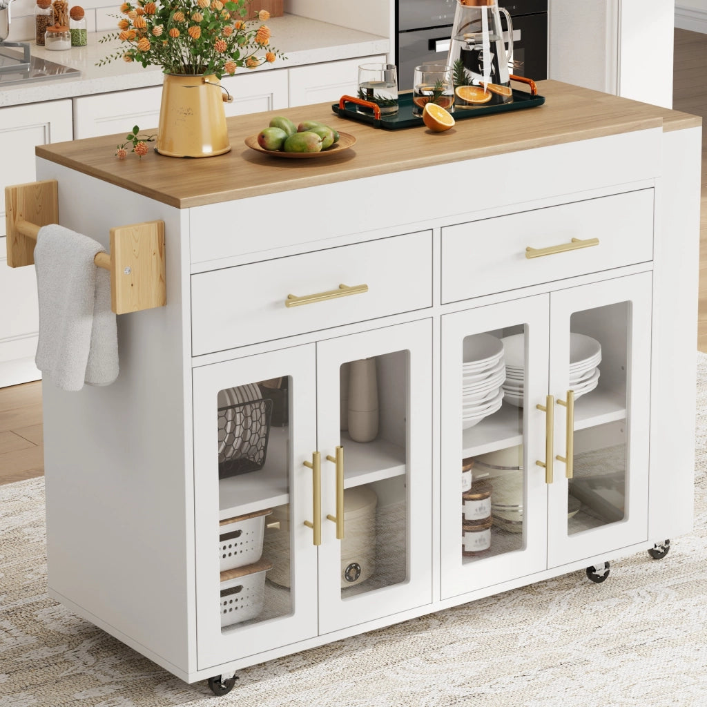 Isola da cucina mobile con piano estraibile, spazio contenitivo, ante in vetro e ruote, bianco, 132,5-217 x 50 x 93 cm