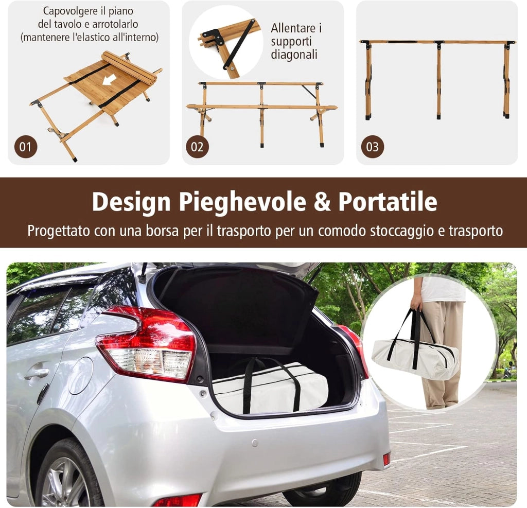Tavolo da Campeggio Pieghevole di Bambù, Tavolo da Picnic Leggero con Borsa di Trasporto, Tavolo da Esterno per Campeggio, Trekking, Pesca e Barbecue, 122 x 60 x 43,5 cm (Naturale)