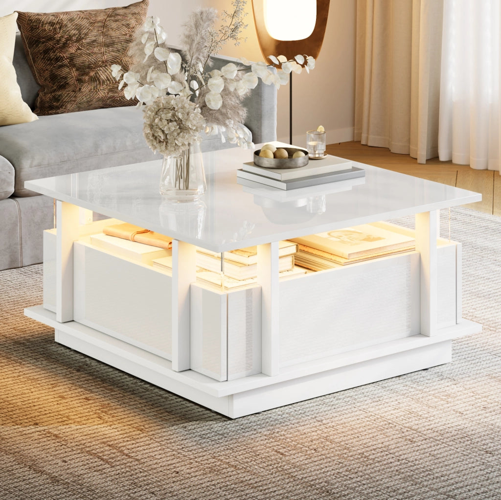 Tavolino da caffè bianco lucido 70x70x35 cm con LED, 2 cassetti e acrilico