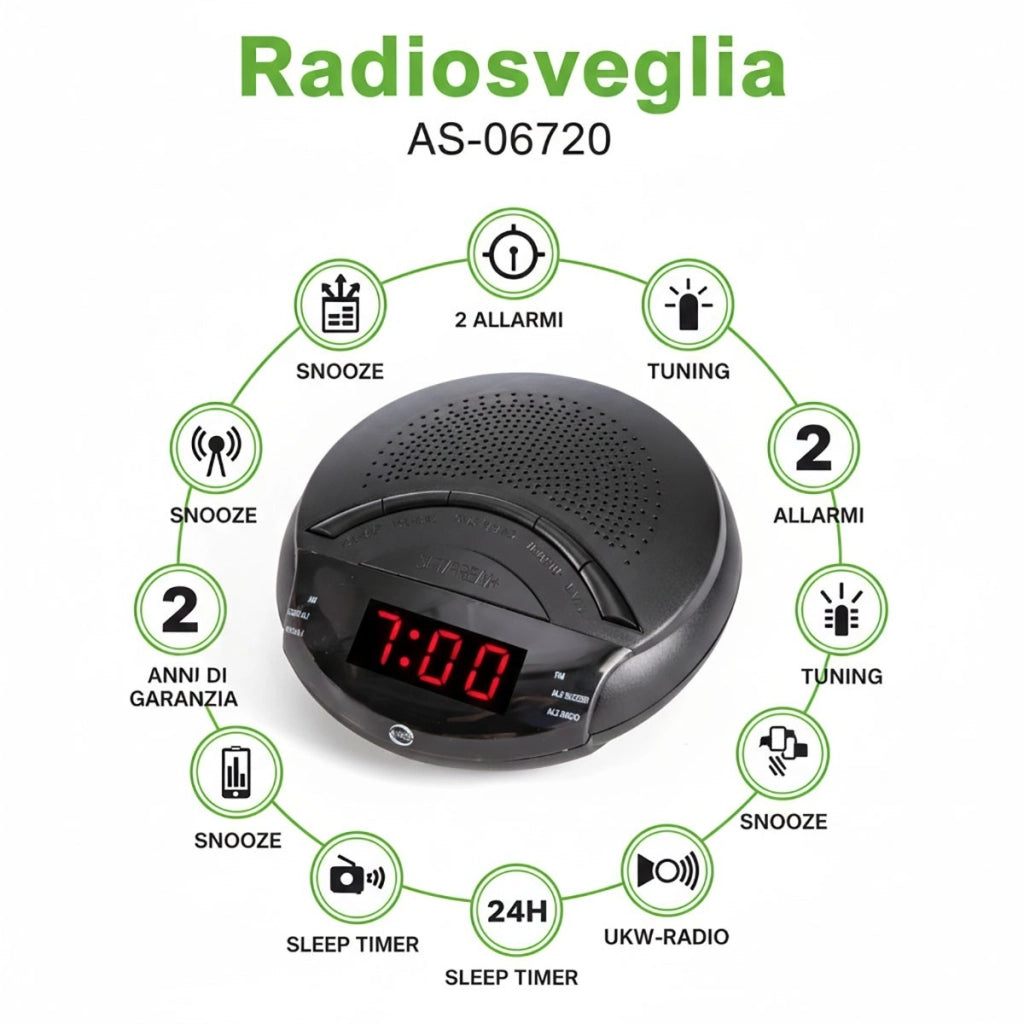 RADIO SVEGLIA DIGITALE DISPLAY LED ROSSO RADIOSVEGLIA OROLOGIO COMODINO FM 06720