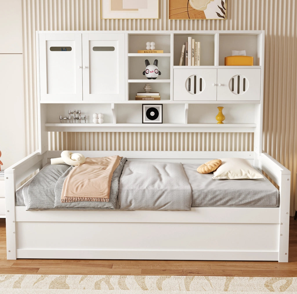 Divano letto multifunzione 90x200 cm con vano contenitore e letto idraulico; bianco