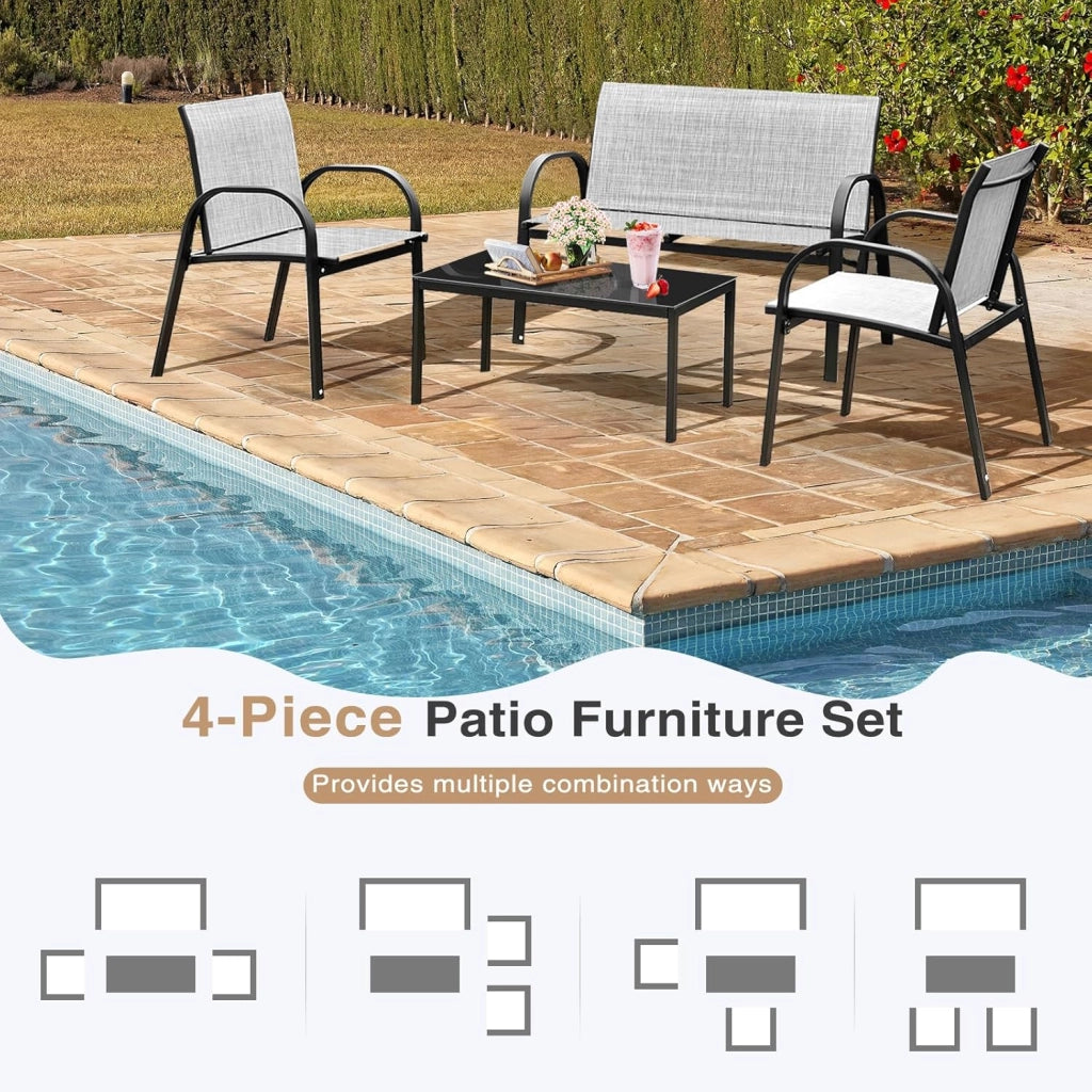 Set di 4 mobili da giardino per 4 persone, set da giardino con 2 sedie e 1 panca e 1 tavolino da caffè, set di mobili da terrazza per piscina, cortile (grigio), QF54737IBDE