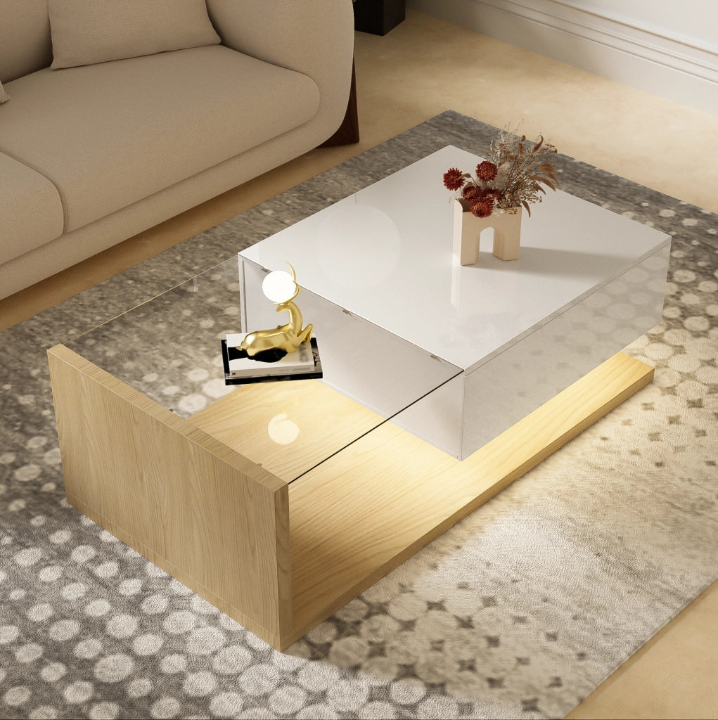 Tavolino da caffè moderno 105x55x32;5 cm in truciolare bianco lucido e effetto legno; con LED