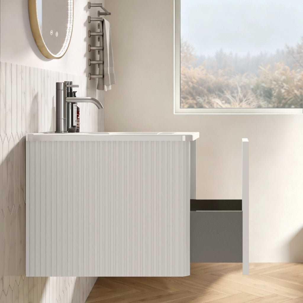 Mobile bagno sospeso con lavabo integrato; 1 cassetto e specchio LED antiappannamento; bordi arrotondati; bianco