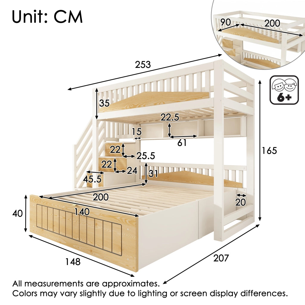 OKWISH Letto a Castello 90×200 cm e 140×200 cm, Letto 3 Posti con Vano Contenitore, Scala con Contenitori, USB e USB C, senza Materasso