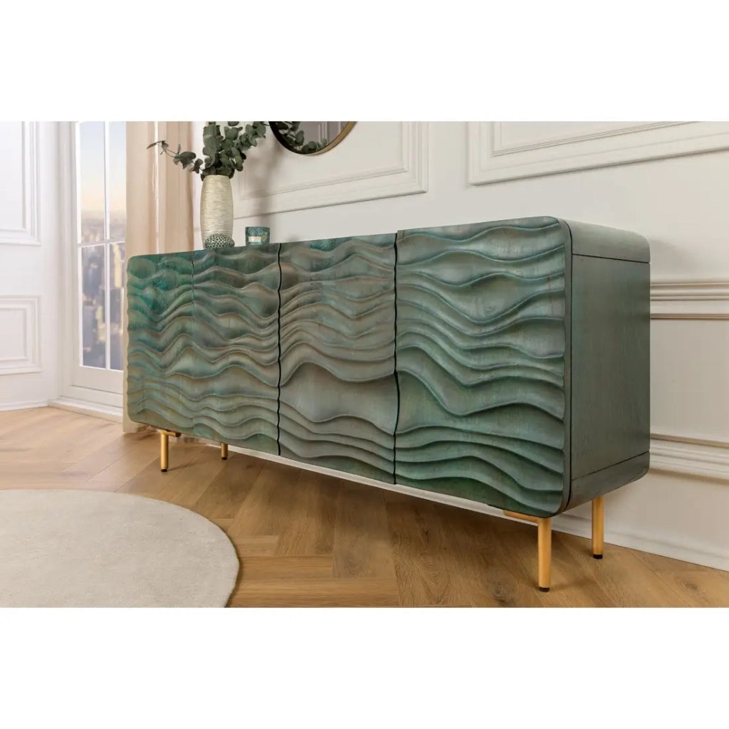 Buffet ONDARA 160 cm – Legno Massiccio Verde Scolpito – Piedi Dorati – Design Contemporaneo