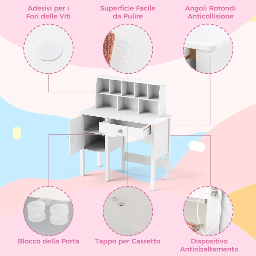 Set Scrivania e Sedia per Bambini in Legno, Tavolo e Sedia per Cameretta con Cassetto, Ripiano e Armadietto, Scrivania per Bambini Età 3+ Anni per Computer