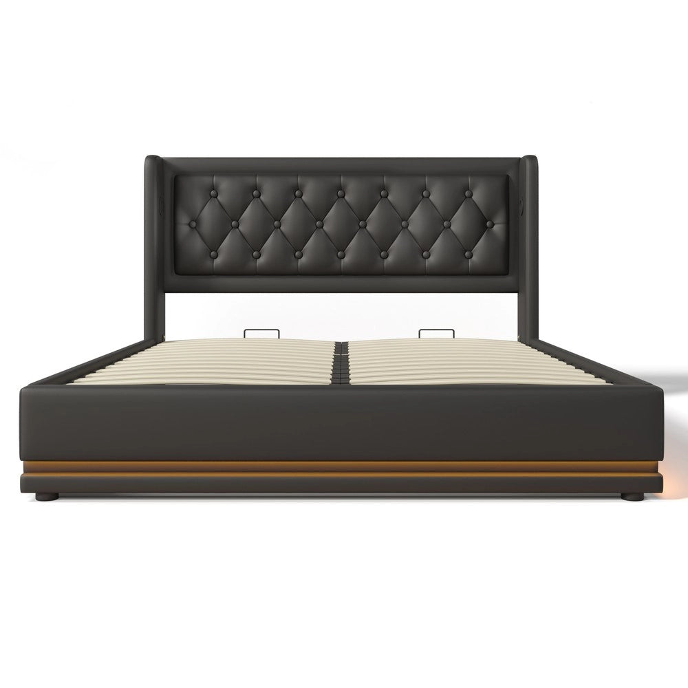 Letto Imbottito Contenitore Matrimoniale LED USB con Materasso ¨C MINIMAL ¨C Nero 140x200 Idraulico