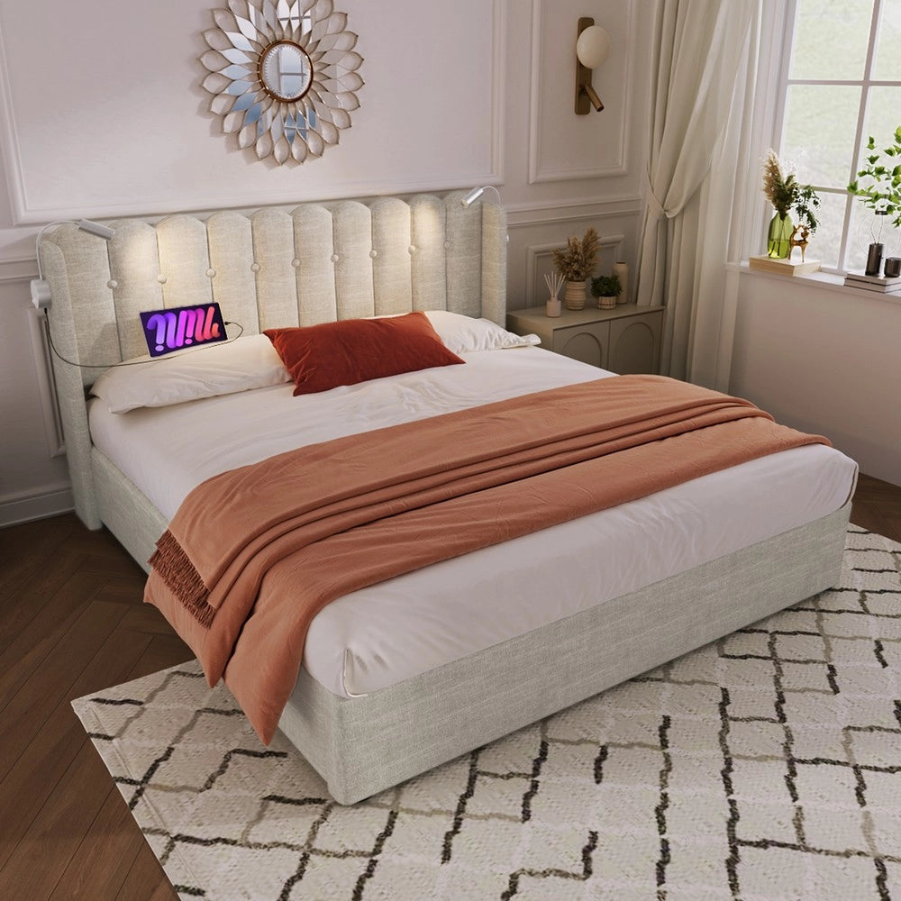 Letto Imbottito Matrimoniale con Contenitore e Luce LED ¨C MINIMAL ¨C Tessuto Naturale 160x200 con Doghe
