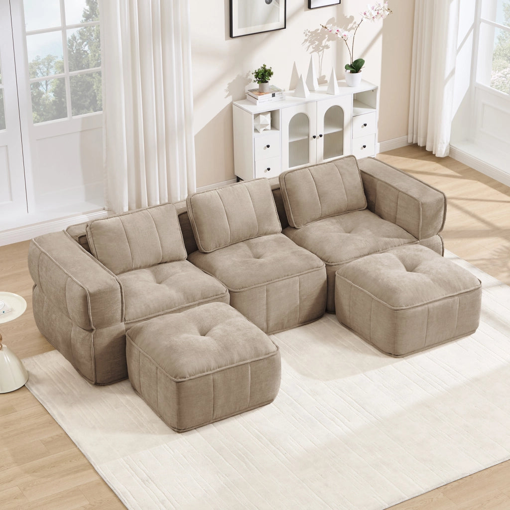 Divano modulare a U 3 posti con seduta profonda e pouf senza struttura in poliestere sabbia 271 × 162 × 67 cm