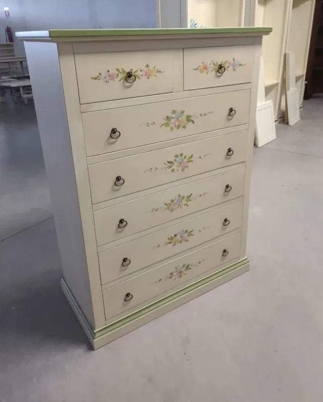 Cassettiera 7 cassetti shabby bianco anticato decorata filo verde 87x40x126 - Mobili 2G