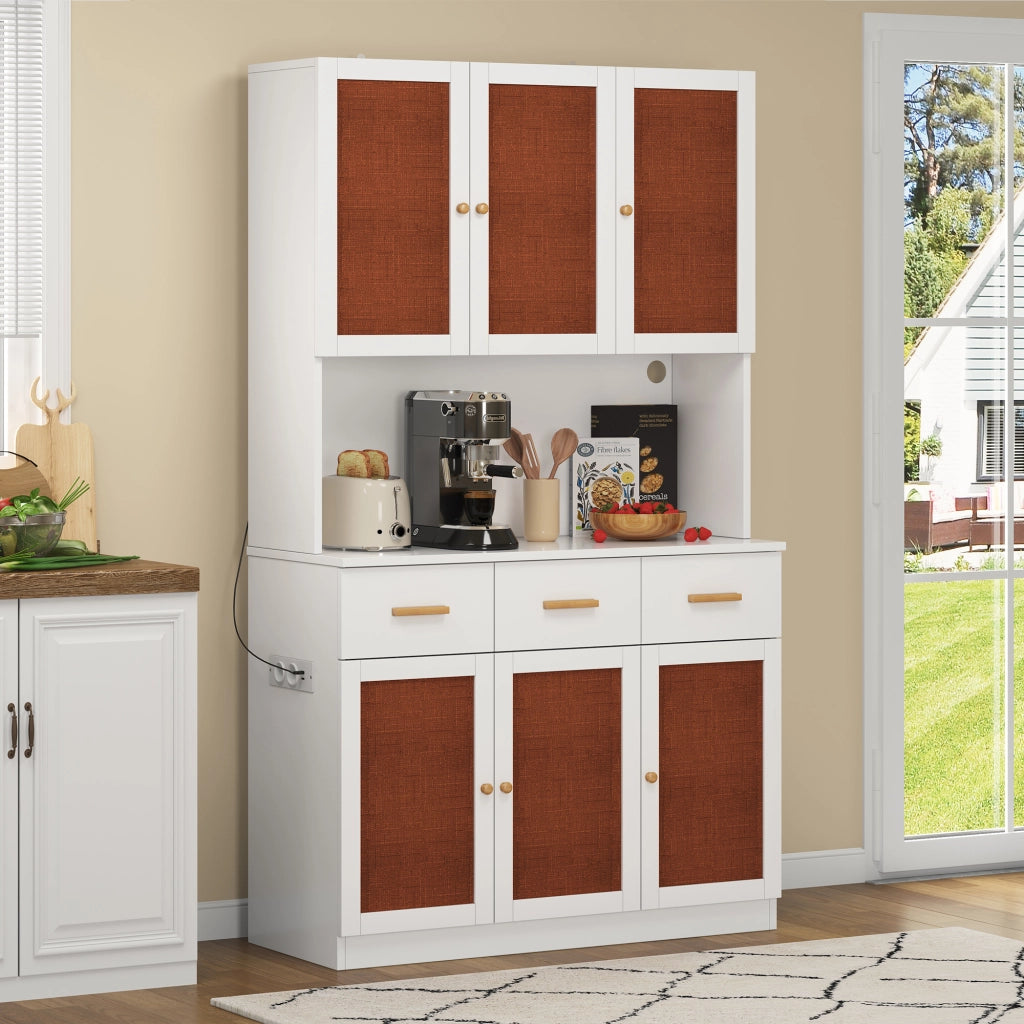 Credenza da cucina con LED e presa elettrica in MDF bianco con ante in tessuto e ripiani regolabili 105 × 43 × 182 cm
