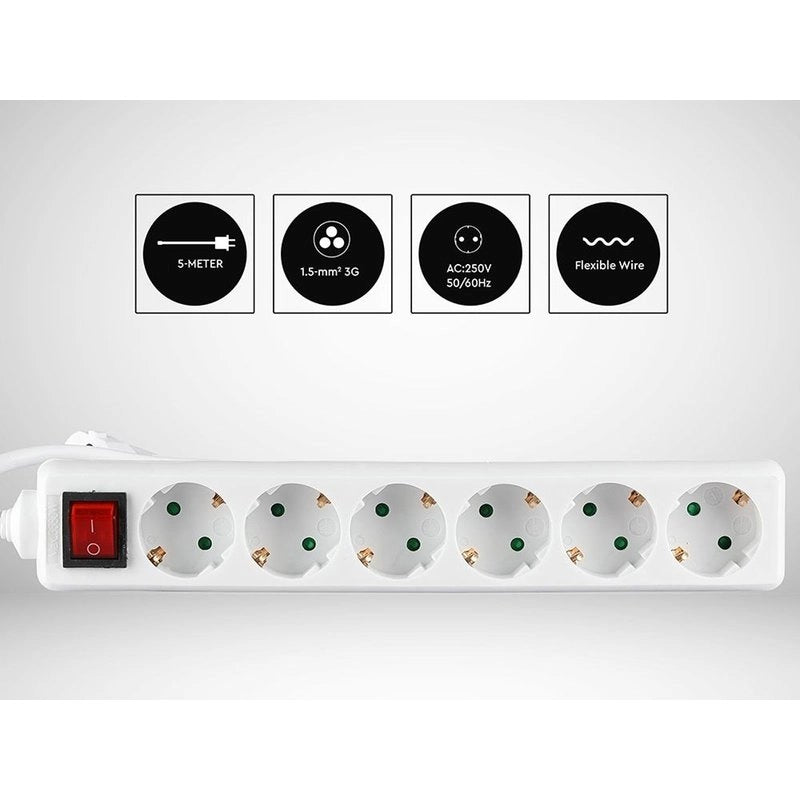 Multipresa Ciabatta Elettrica 6 Posti Schuko Spina Tipo Ibrido F + E Cavo Lunga 5 Metri Con Interruttore SKU-8769